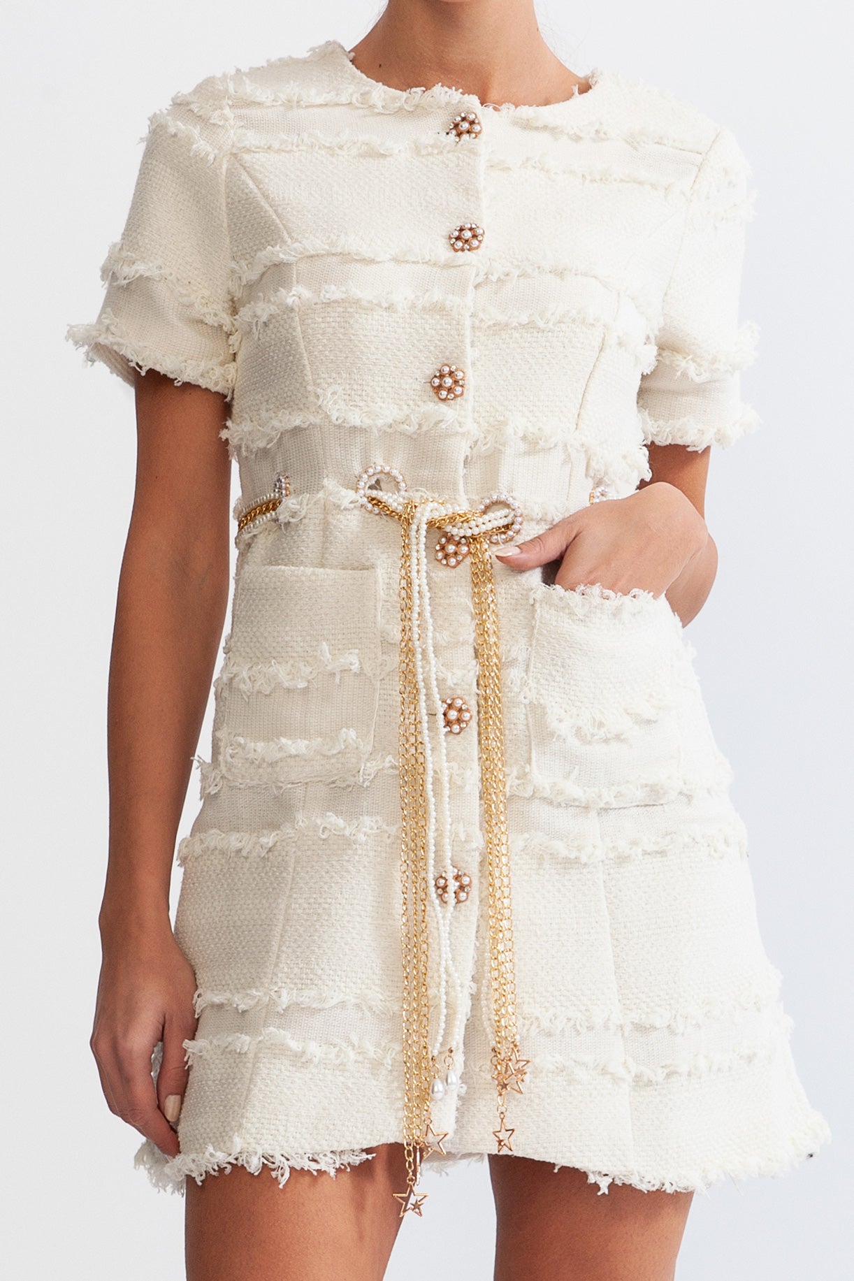 Tweed Dress With Golden Chains And Pearls - Beige