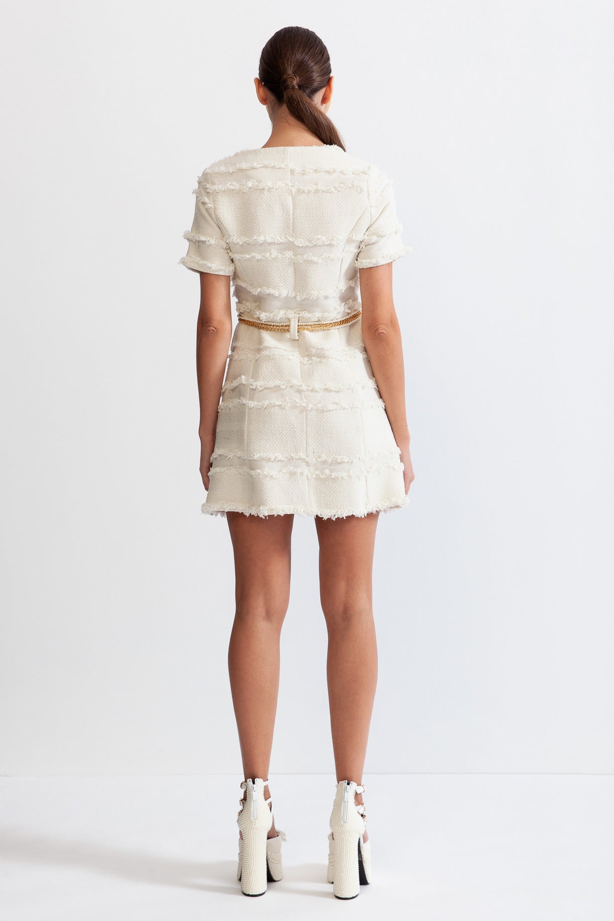 Tweed Dress With Golden Chains And Pearls - Beige