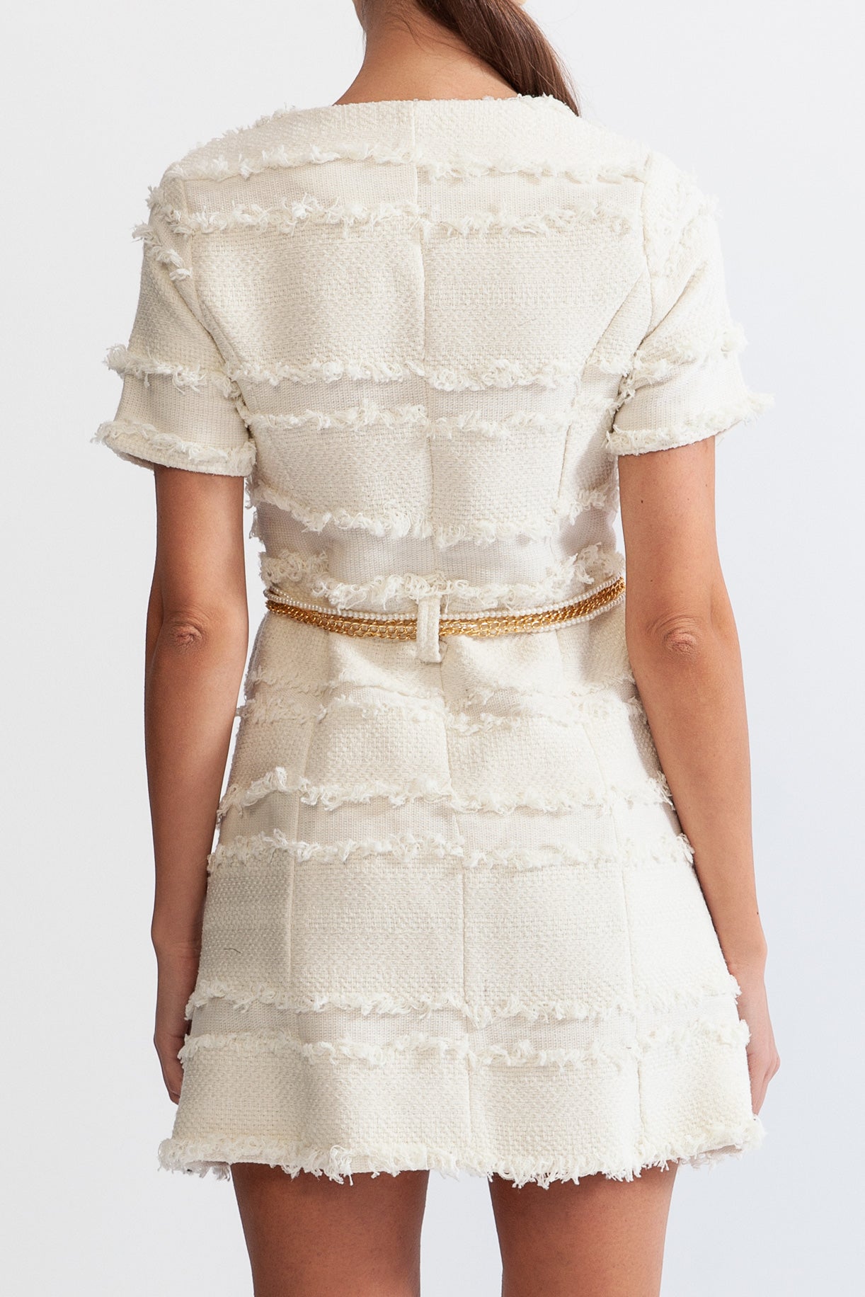 Tweed Dress With Golden Chains And Pearls - Beige