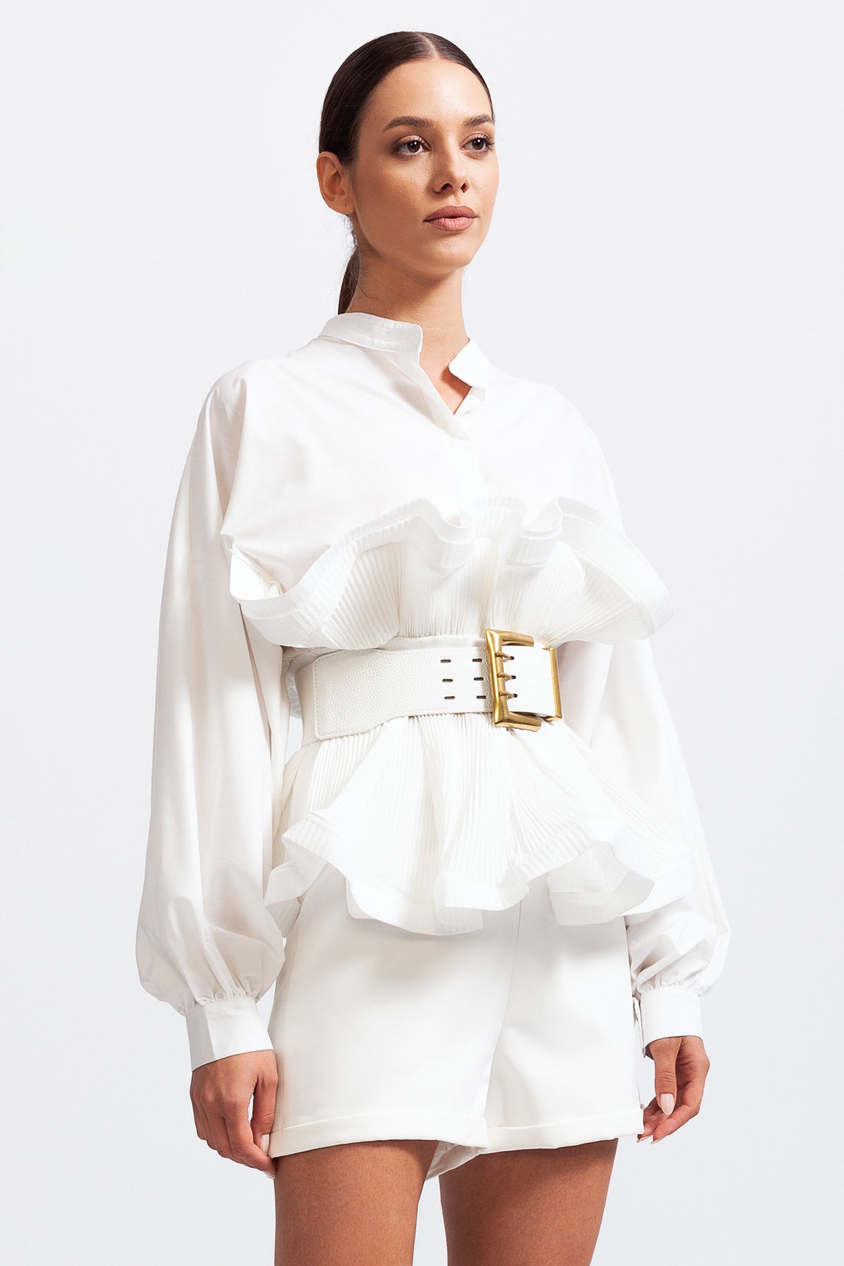 Ruffle Shirt with Oversized Belt And Flowing Sleeves - White