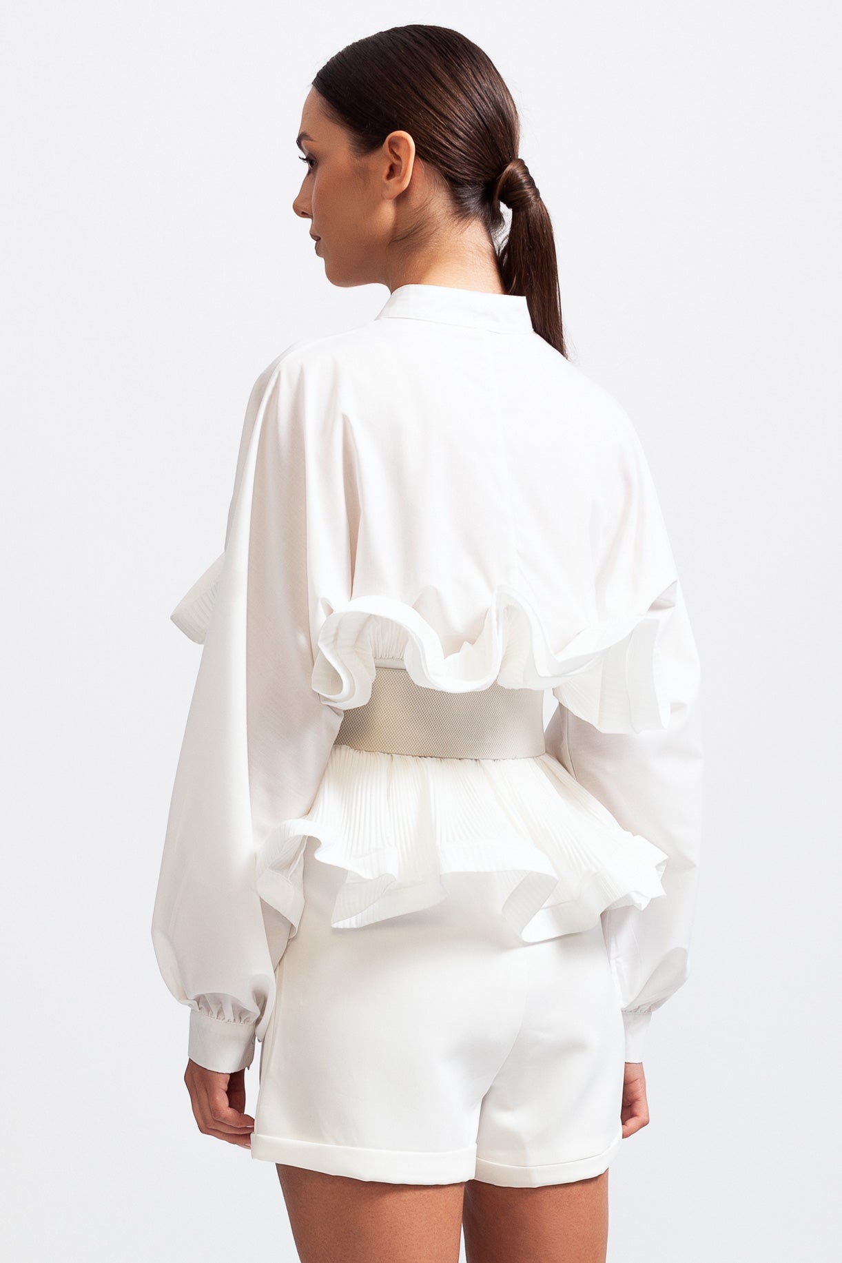 Ruffle Shirt with Oversized Belt And Flowing Sleeves - White