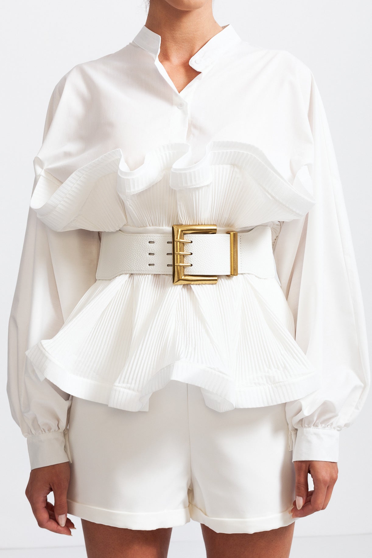 Ruffle Shirt with Oversized Belt And Flowing Sleeves - White