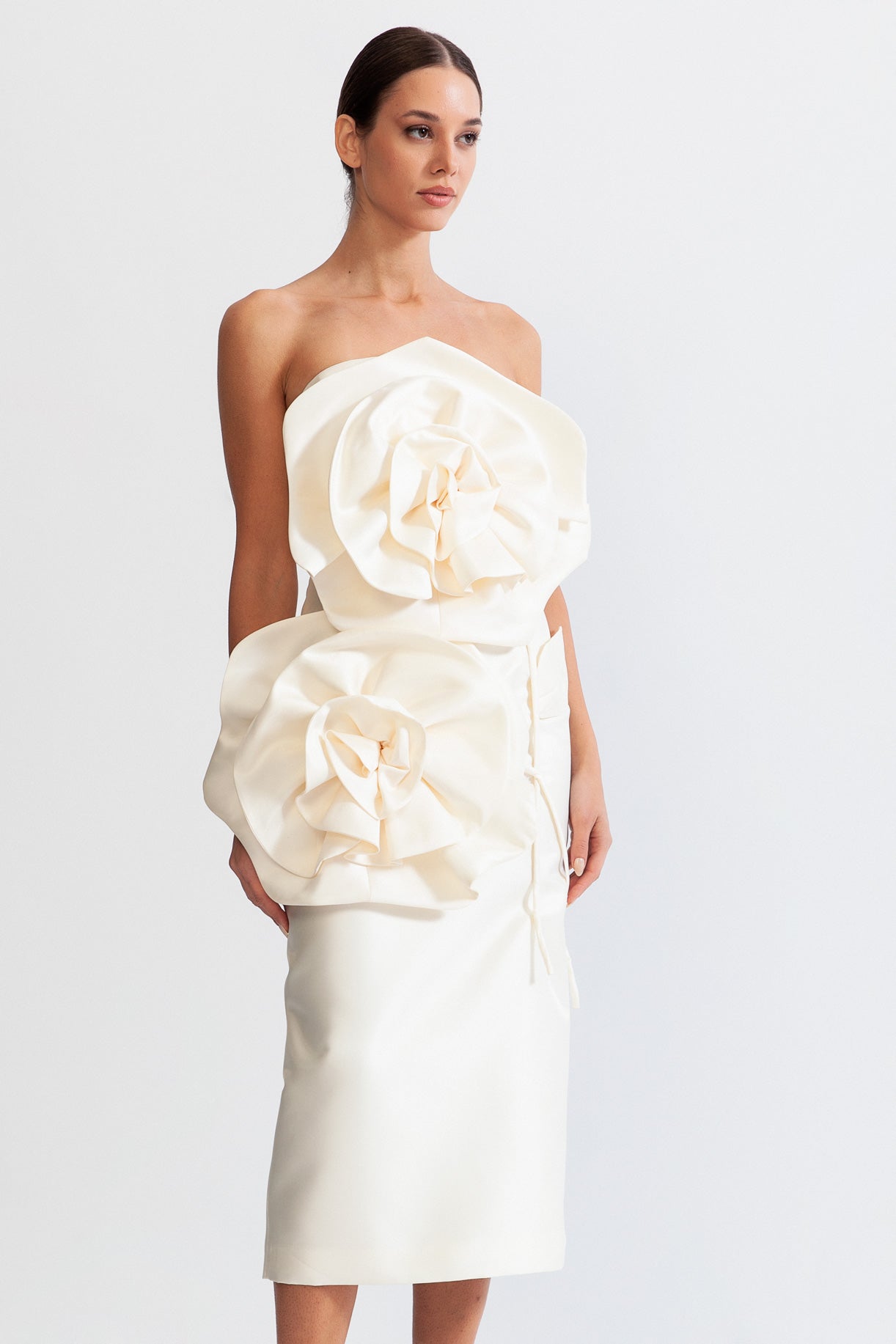 3D Sculpted Flowers Midi Dress - Ivoire