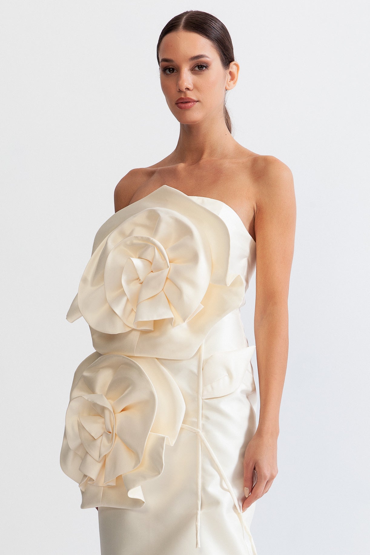 3D Sculpted Flowers Midi Dress - Ivoire