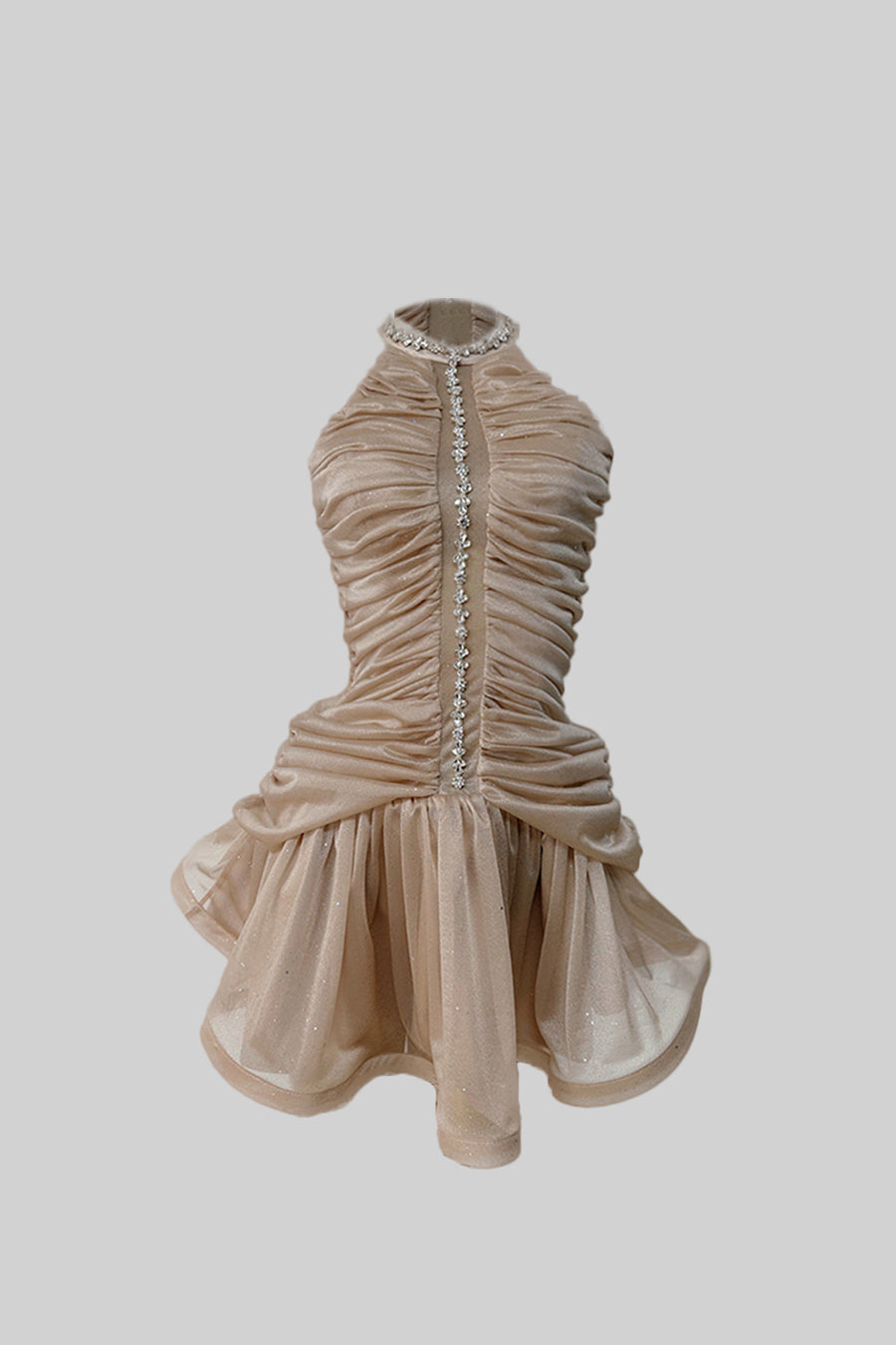 Mini Pleated Tulle Dress with Silver Accents - Beige