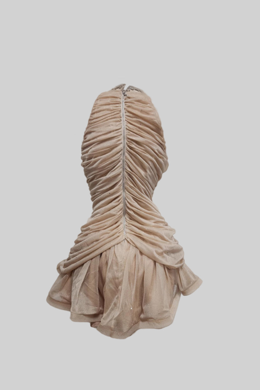 Mini Pleated Tulle Dress with Silver Accents - Beige