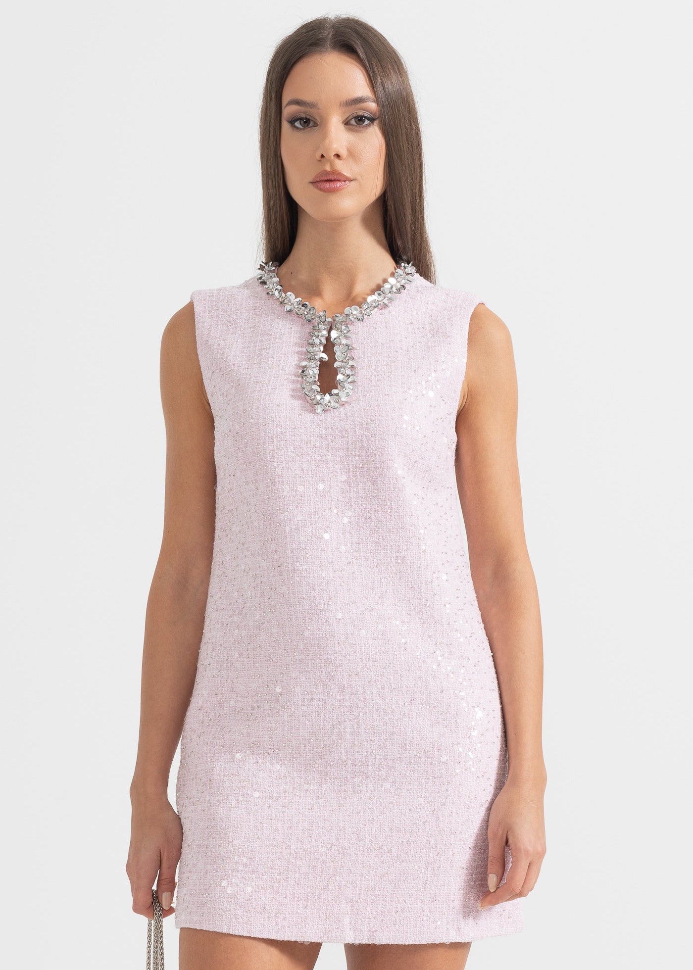 Textured Mini Dress With Silver Sequin Collar Detailing - Pink