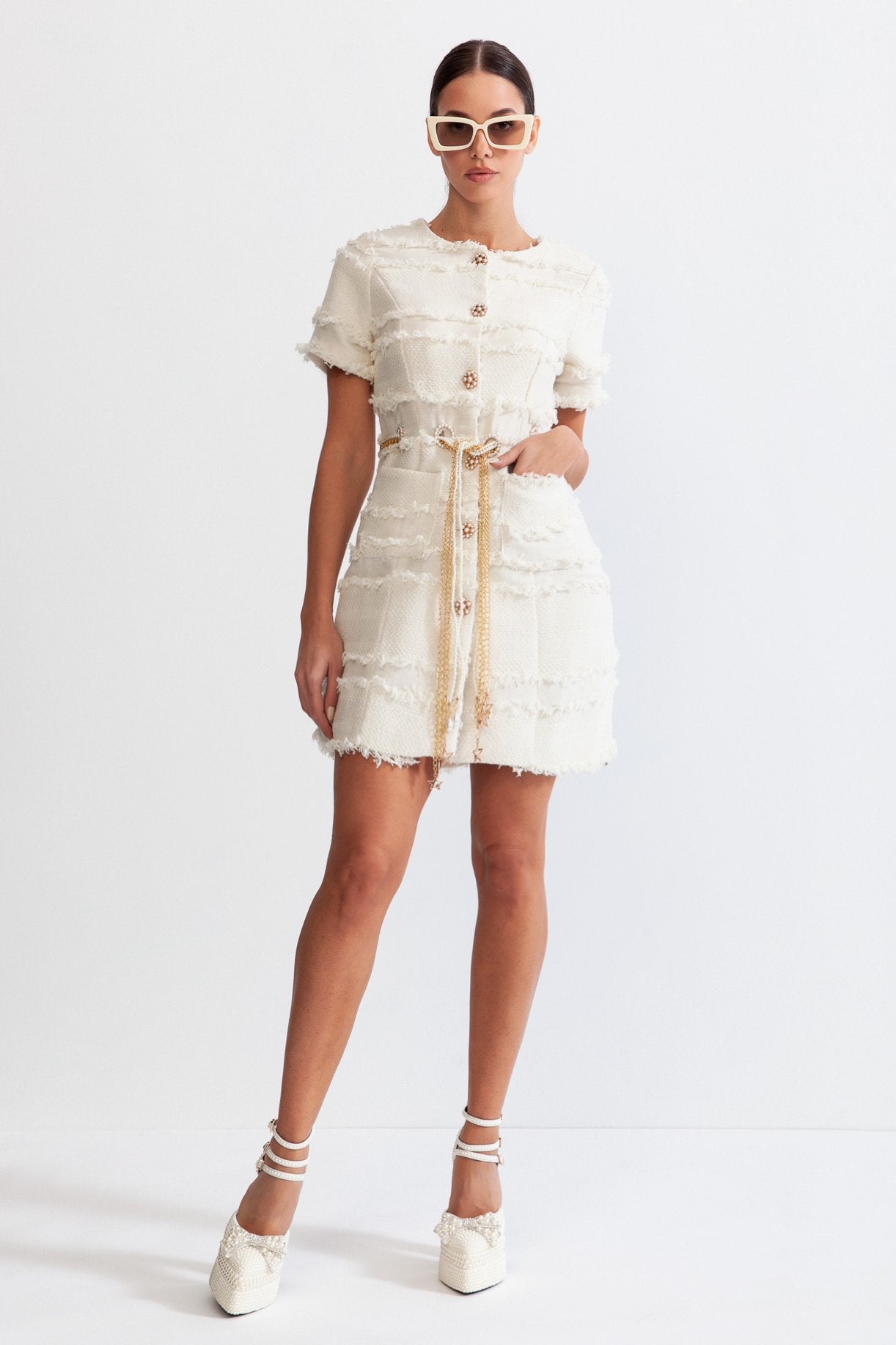 Tweed Dress With Golden Chains And Pearls - Beige