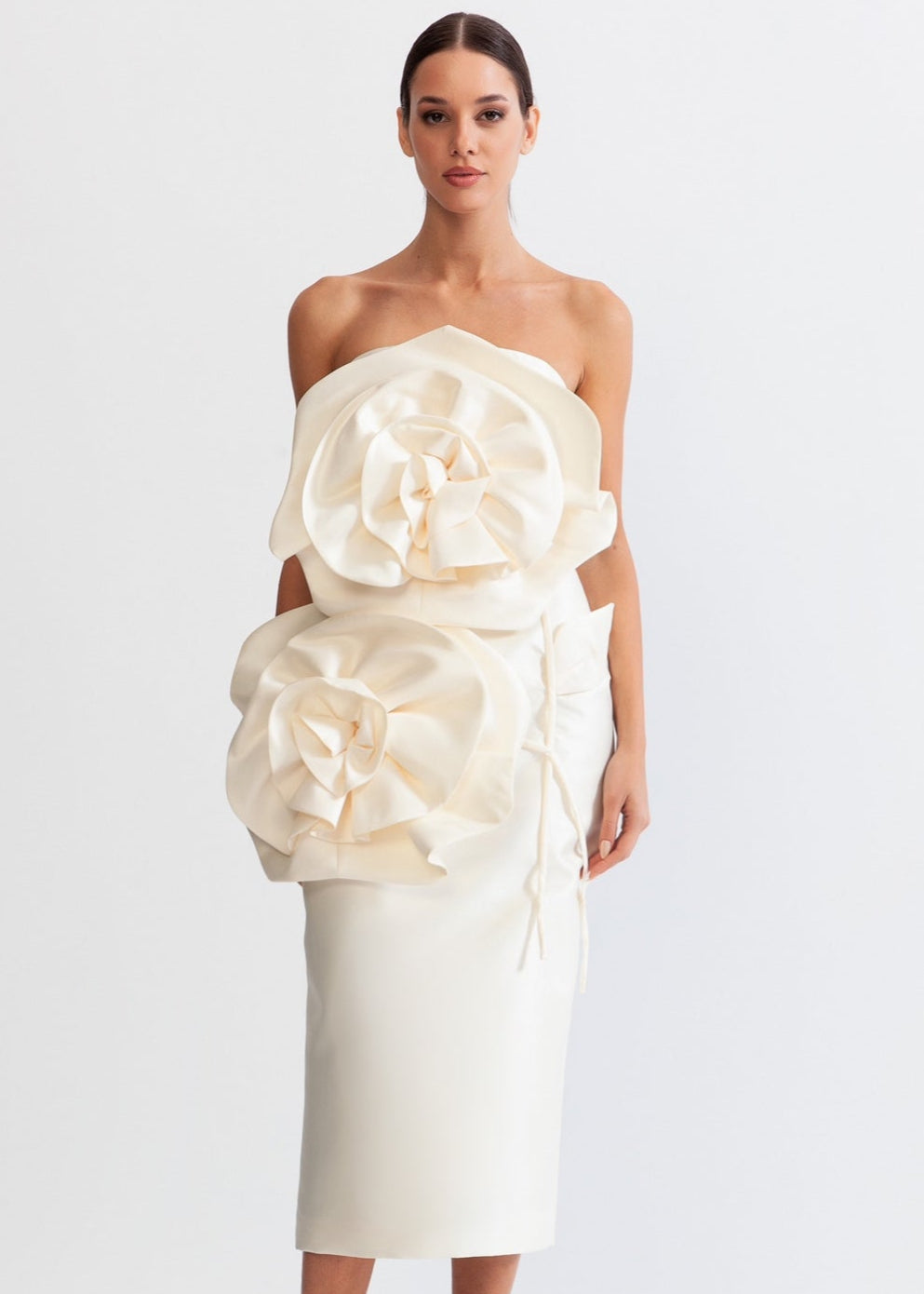 3D Sculpted Flowers Midi Dress - Ivoire