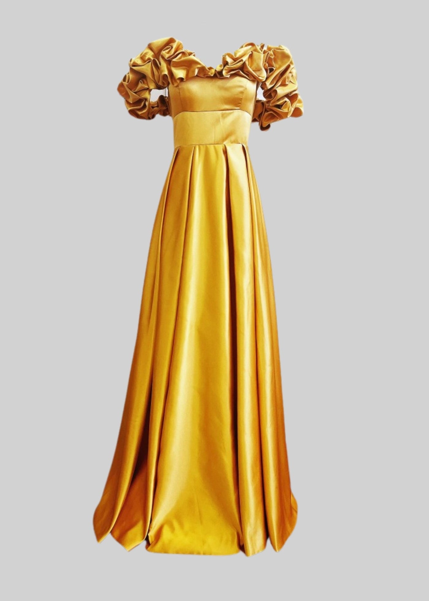 Off-Shoulder Satin Dress With Ruffled Neckline - Gold