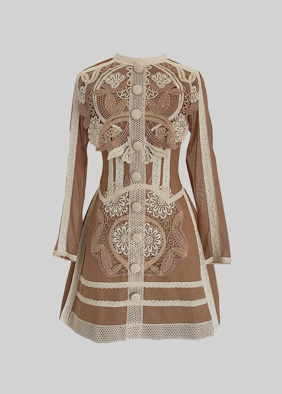 Layered Lace Mini Dress With Fitted Silhouette - Brown/Beige