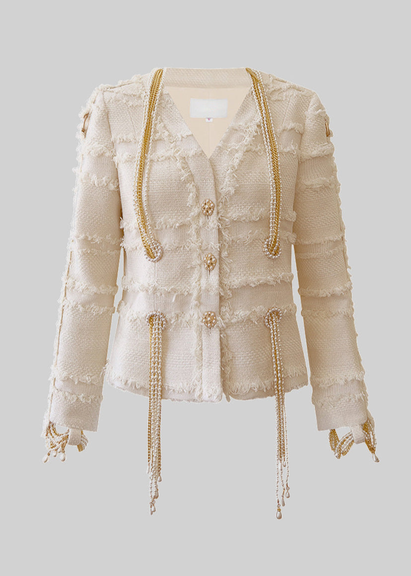 Tweed Blazer With Golden Chains And Pearls - Beige