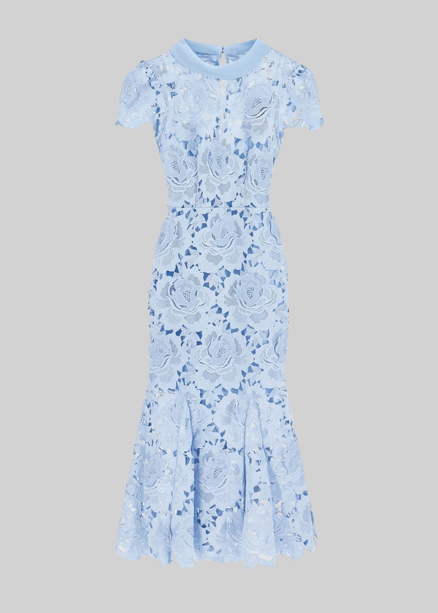 High Collar Lace Midi Dress With Floral Pattern  - Blue