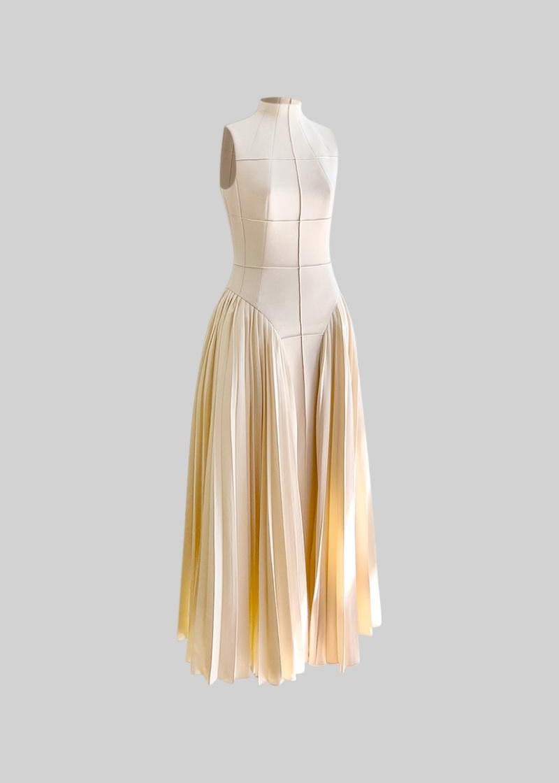 Contemporary Knitted Midi Dress with Pleated Skirt - Nude