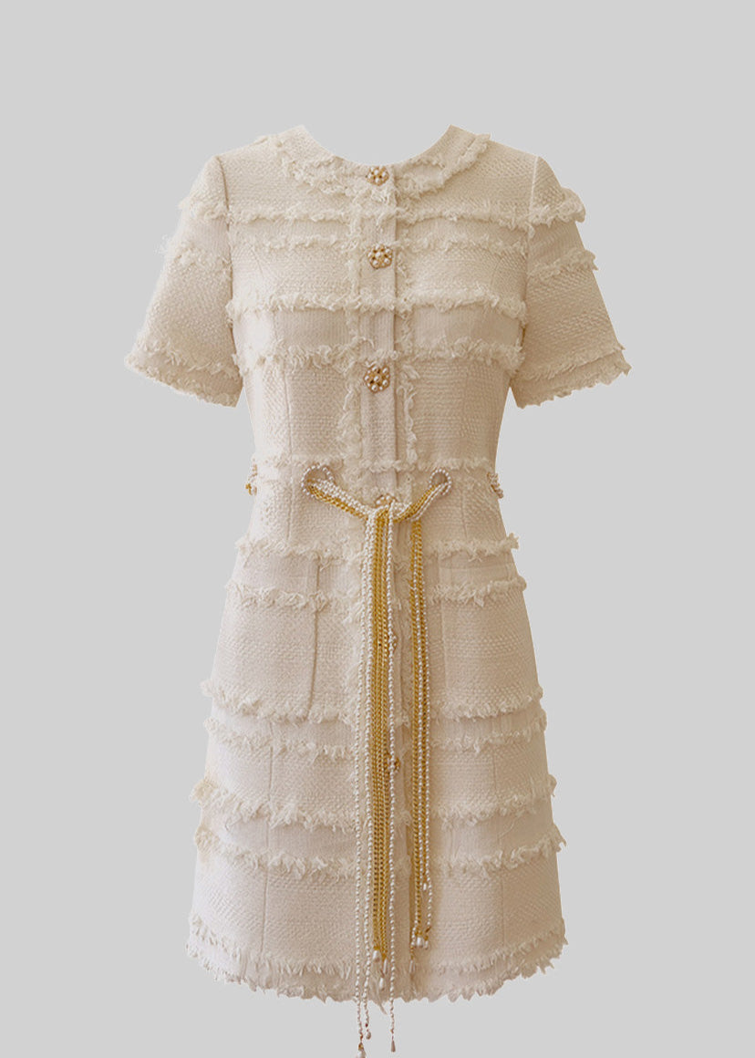 Tweed Dress With Golden Chains And Pearls - Beige