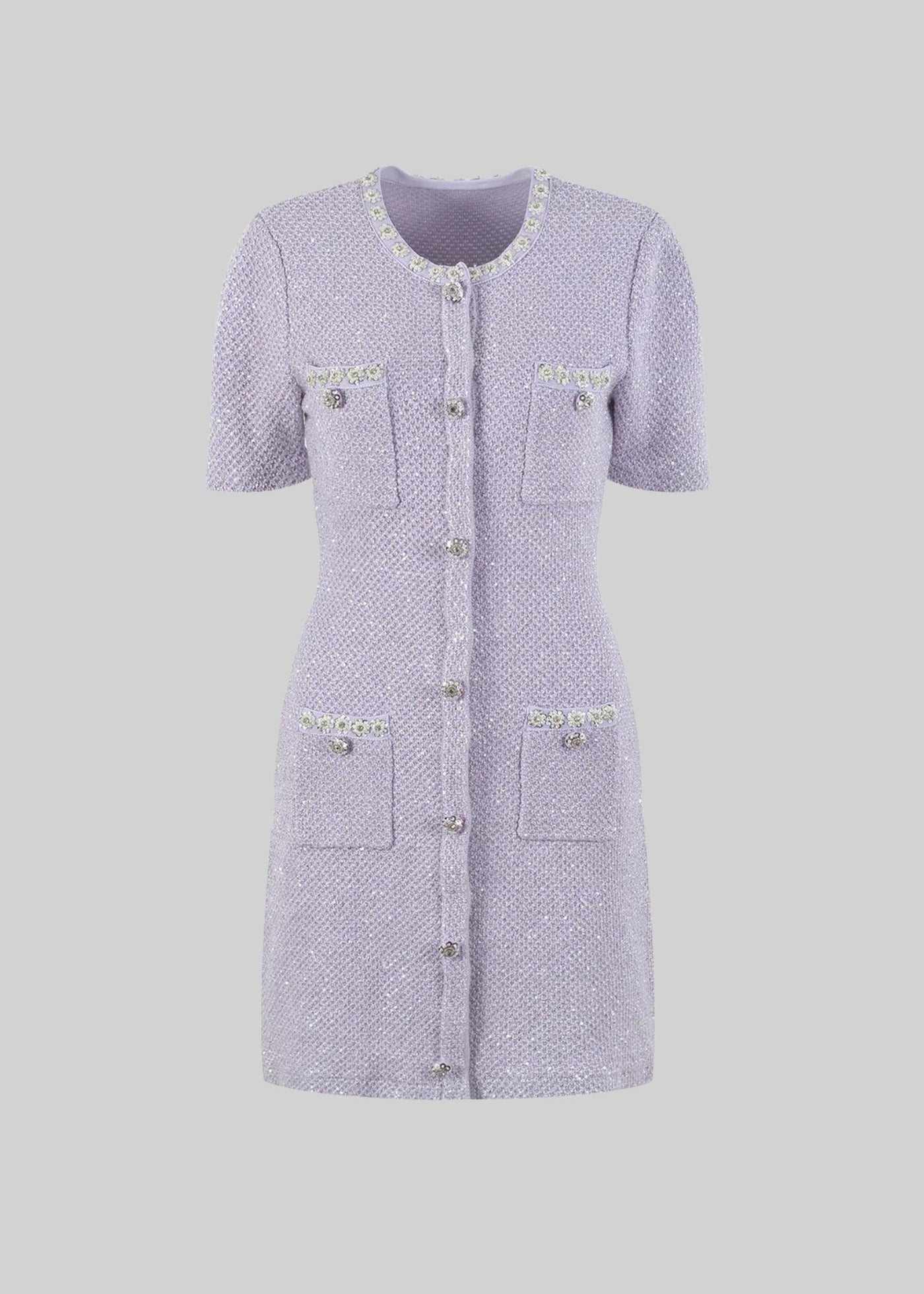 Textured Mini Dress With Silver Floral Detailing - Purple