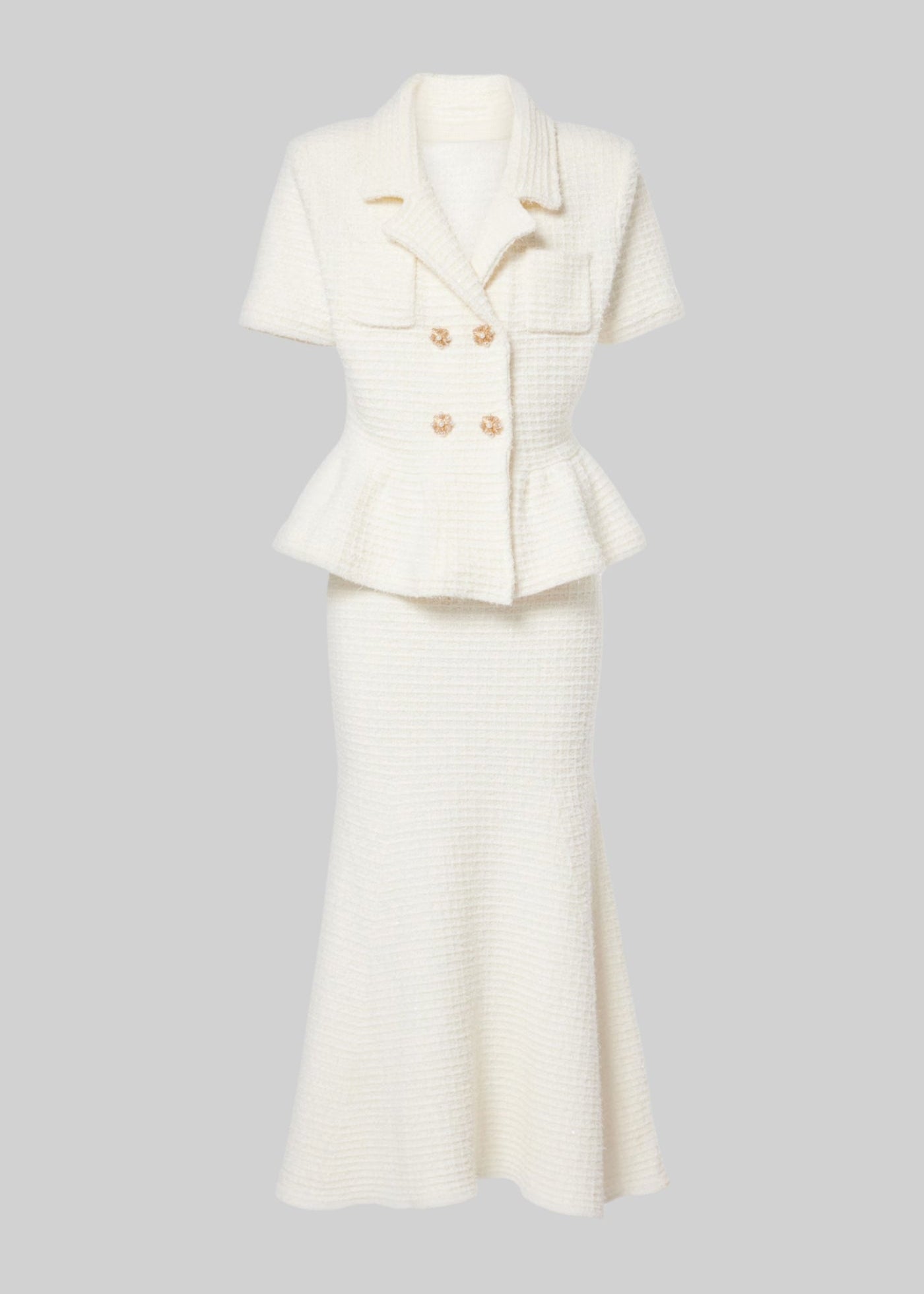 Knitted Midi Dress With Gold Buttons And Peplum Waist - White
