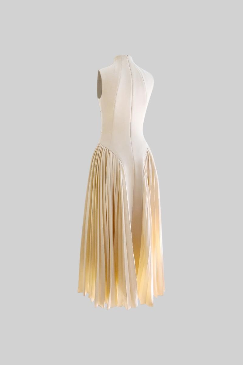 Contemporary Knitted Midi Dress with Pleated Skirt - Nude