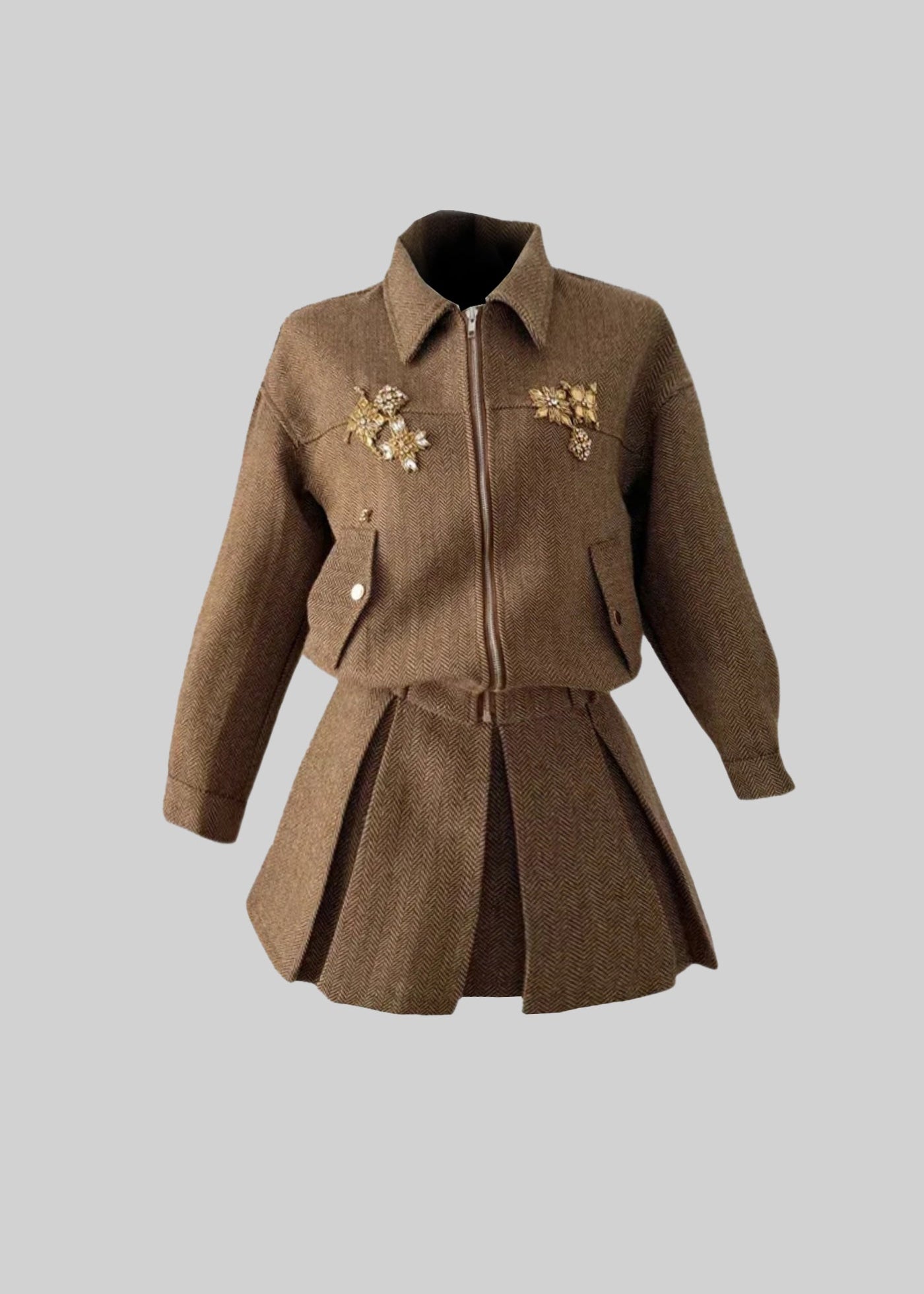 Knitted Two Piece Ensemble With Zip-up Jacket And Pleated Skirt - Brown