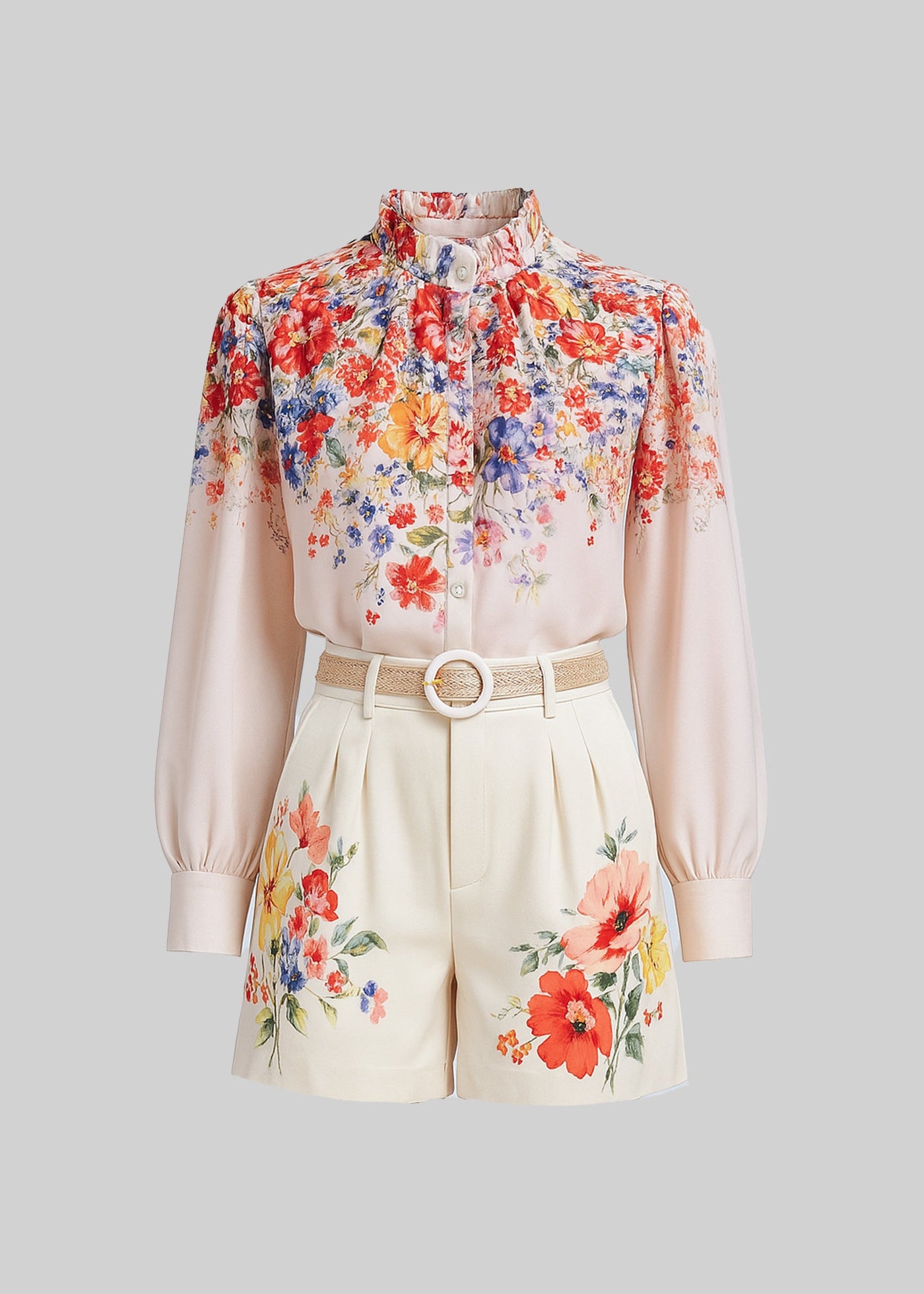 Floral Ensemble With Long Sleeves Shirt And Matching High-Waisted Shorts - White