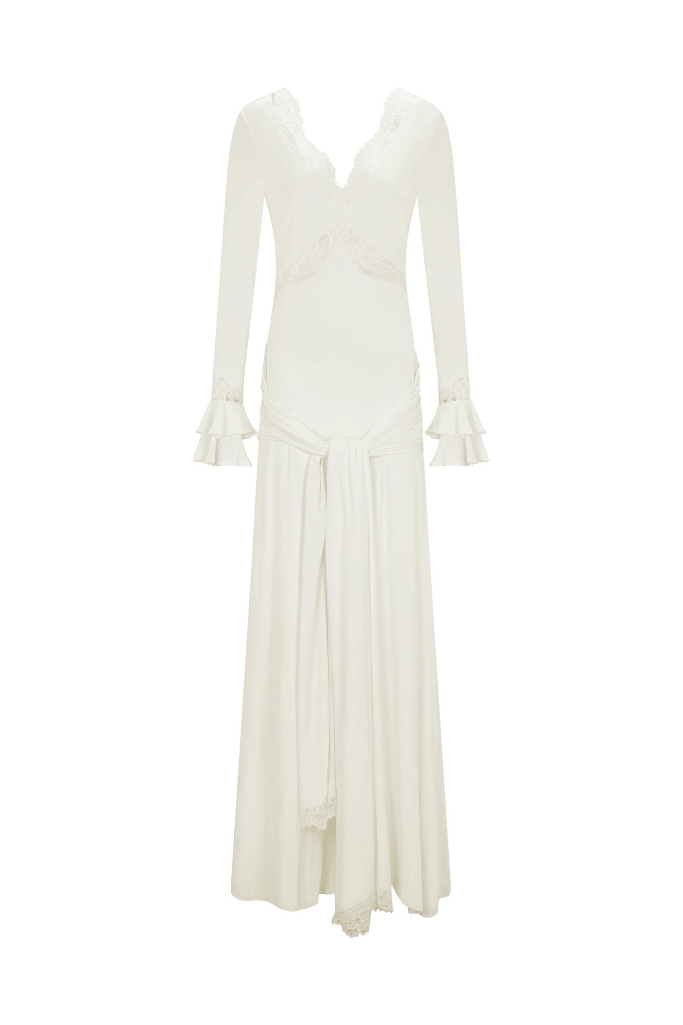 Gwenaëlle Long-Sleeve V-Neck Maxi Dress With Ruffled Cuffs And Bow Waist - Ivoire
