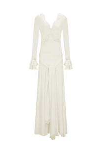 Gwenaëlle Long-Sleeve V-Neck Maxi Dress With Ruffled Cuffs And Bow Waist - Ivoire