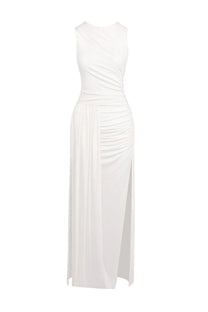 Laureline Sleeveless Ruched Gown With Diagonal Drape And High Side Slit - White