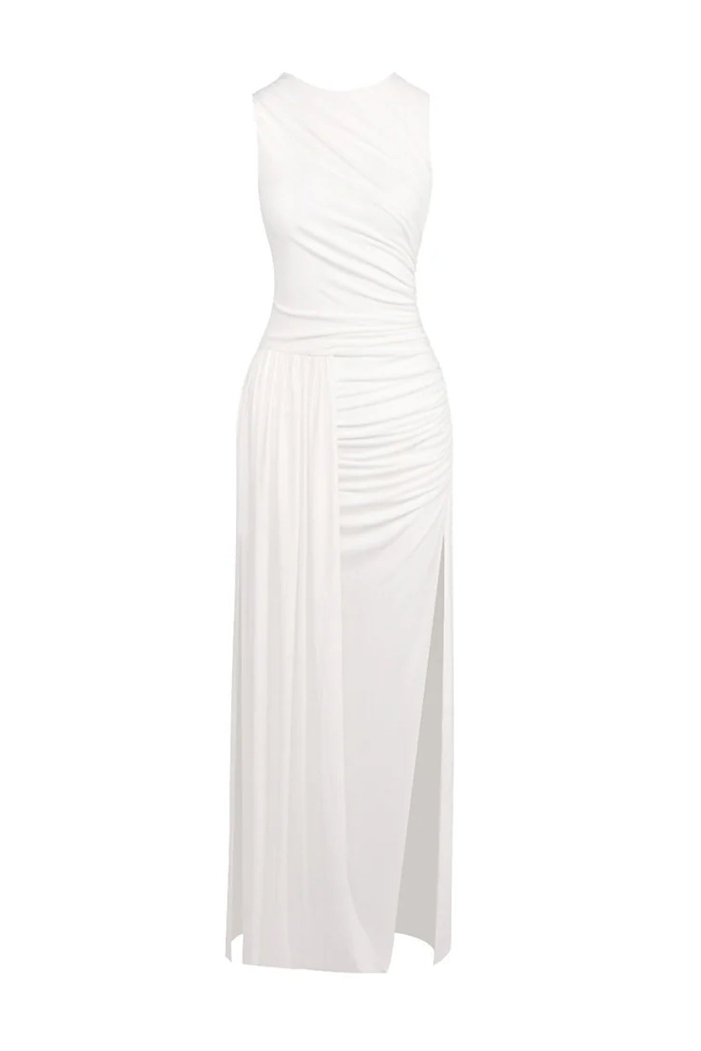 Laureline Sleeveless Ruched Gown With Diagonal Drape And High Side Slit - White