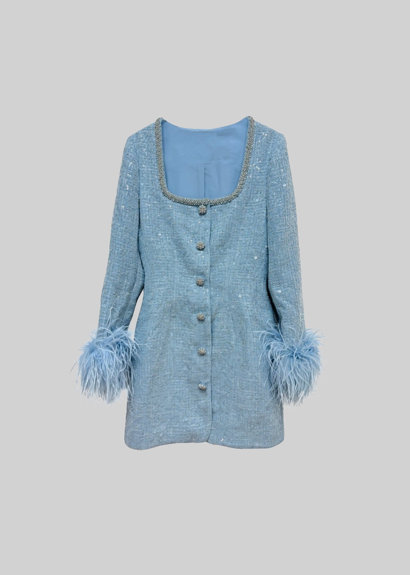 Textured Dress With Silver Detailing And Feathered Cuffs - Blue