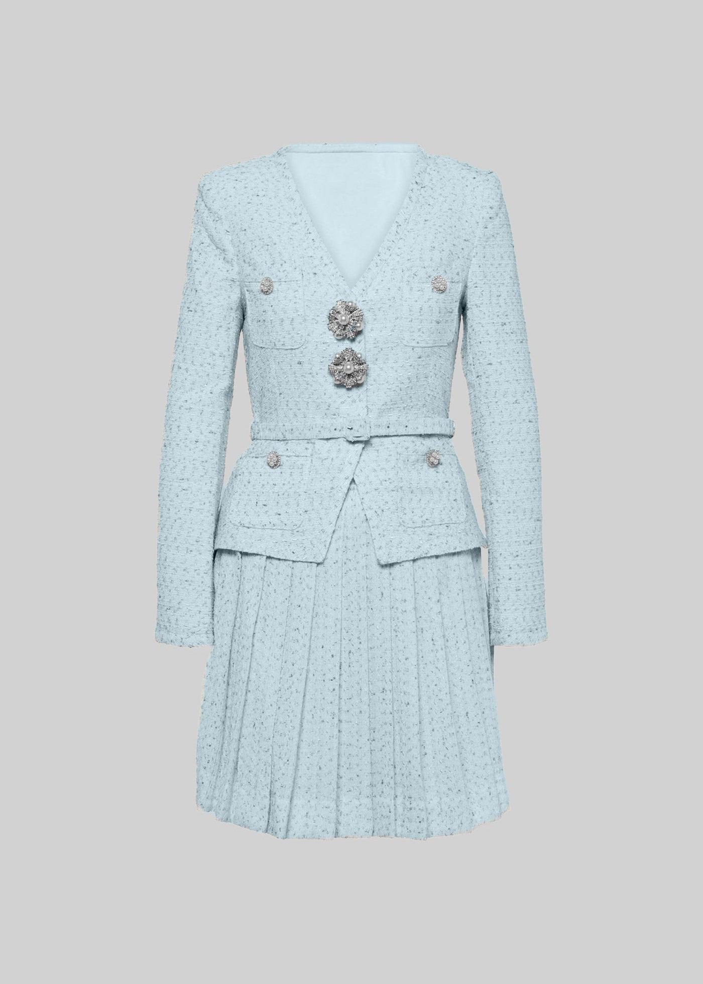 Elegant Knitted Two Piece Co-Ord With Pleated Mini Skirt - Blue