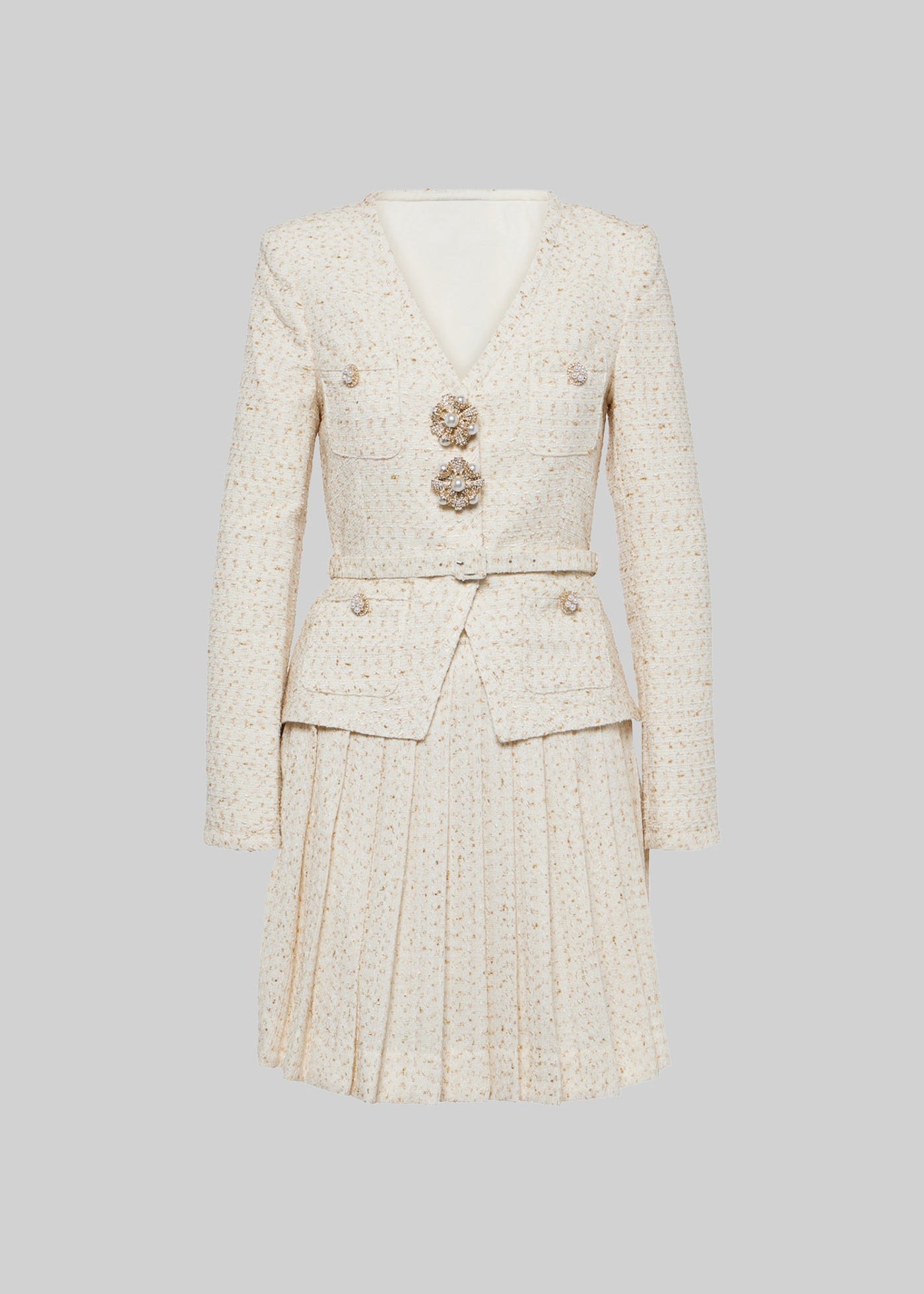 Elegant Knitted Two Piece Co-Ord With Pleated Mini Skirt - Ivoire