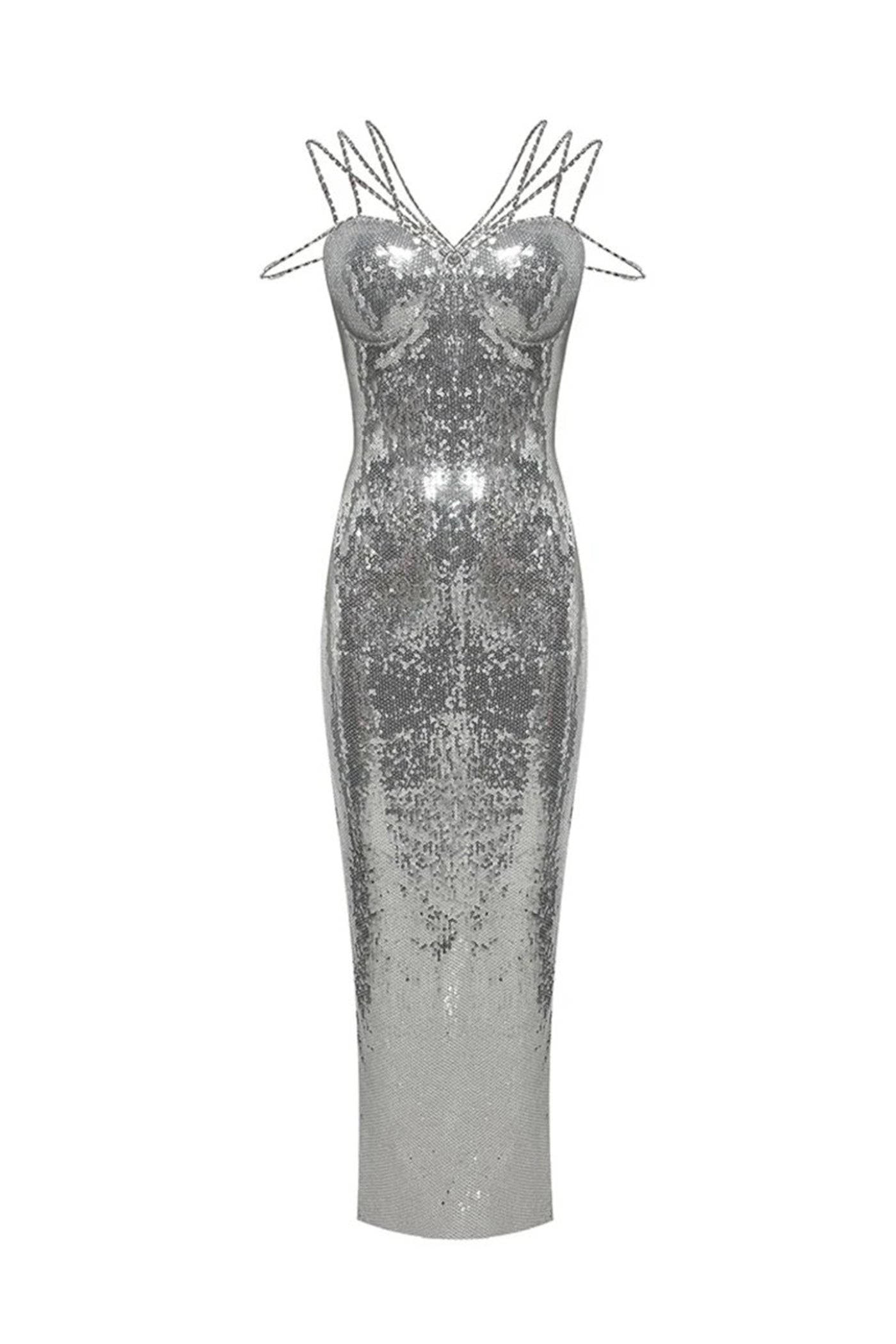 Mélisande Sequin Maxi Dress With Multi-Strap Neckline - Silver
