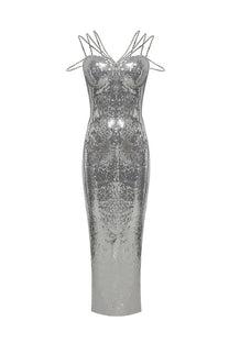 Mélisande Sequin Maxi Dress With Multi-Strap Neckline - Silver