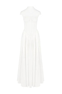 Joséphine Cap-Sleeve Gown With Sheer Corset Bodice And Gathered Maxi Skirt - White