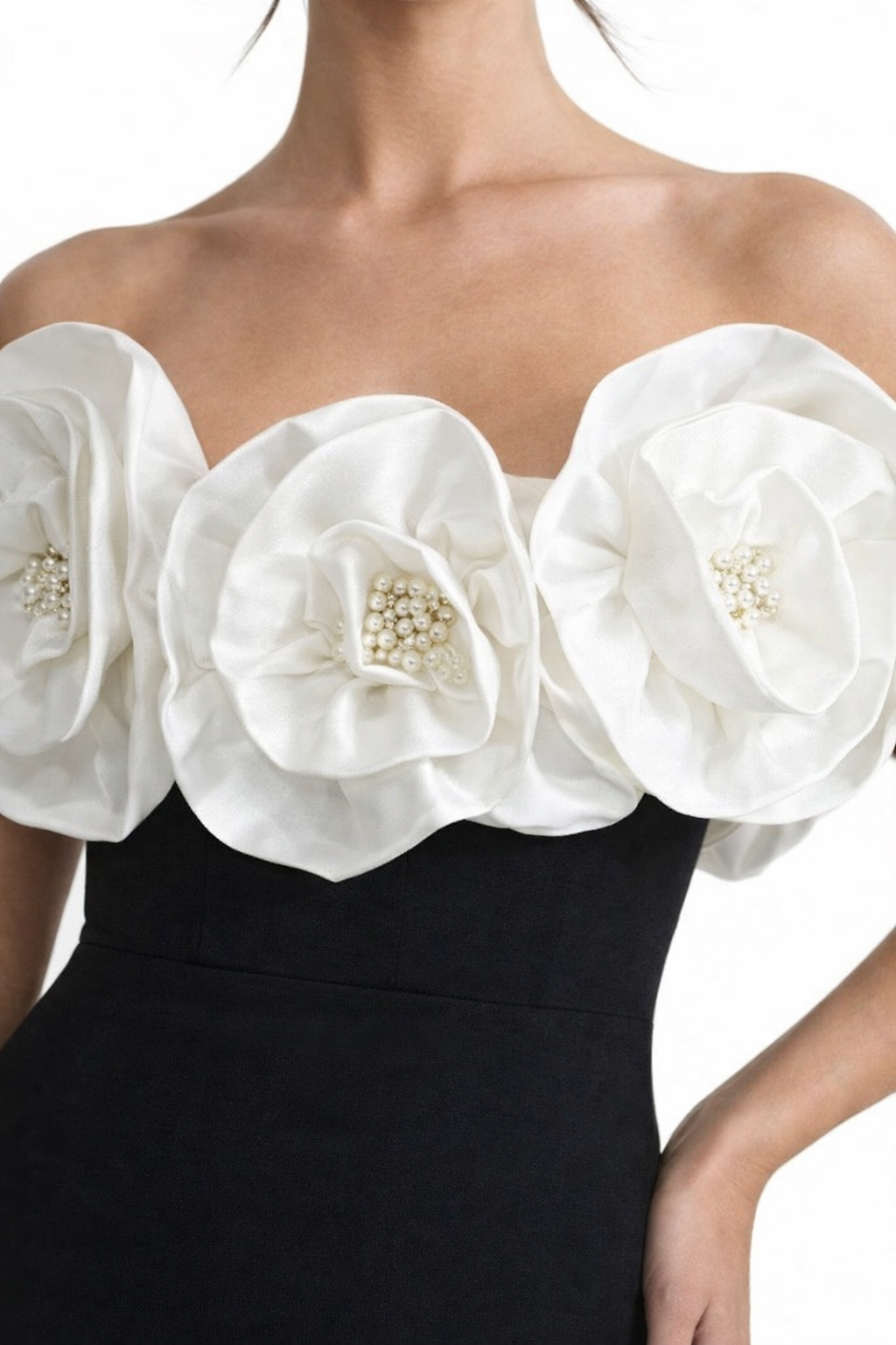 Dorothée Fitted Maxi Gown With Oversized 3D Floral Shoulders - Black