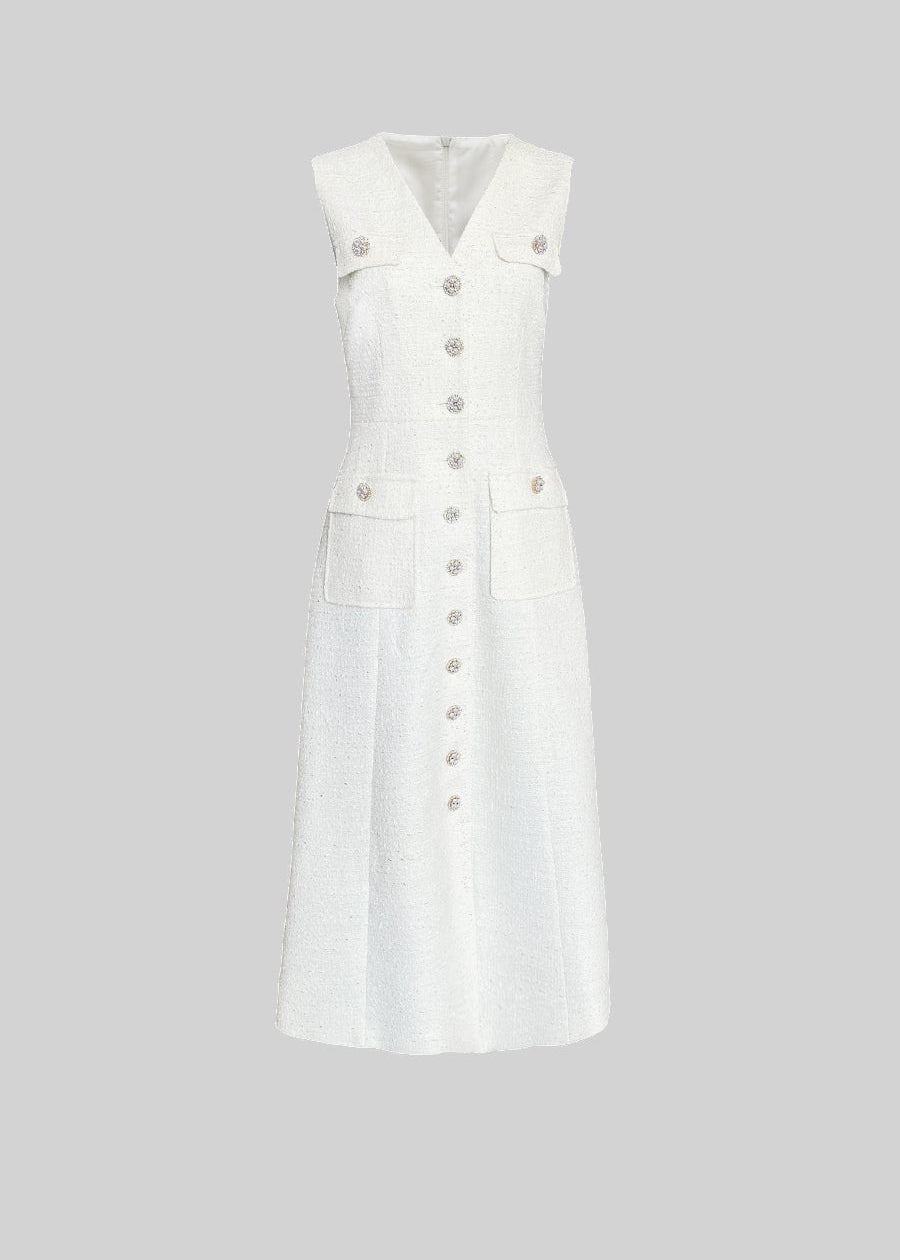 Sleeveless Textured  Dress With Silver Buttons - White