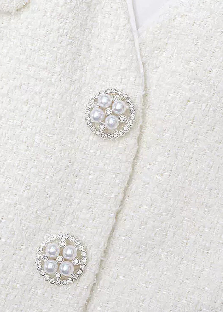 Sleeveless Textured  Dress With Silver Buttons - White