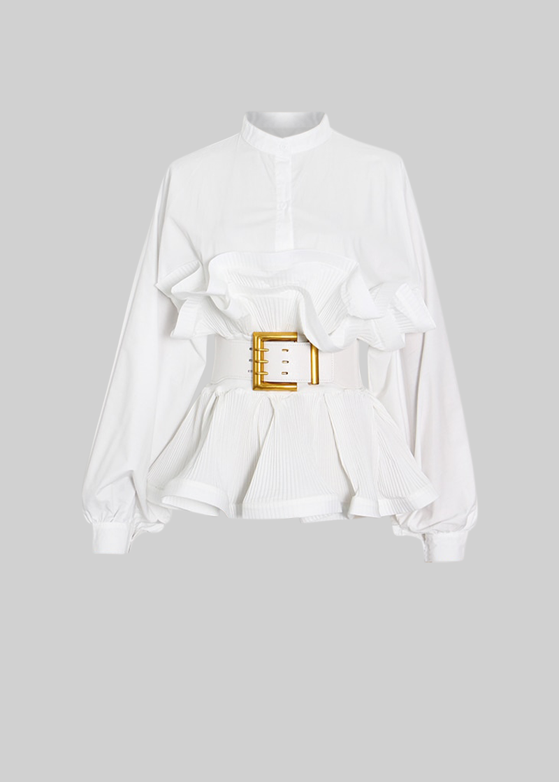 Ruffle Shirt with Oversized Belt And Flowing Sleeves - White