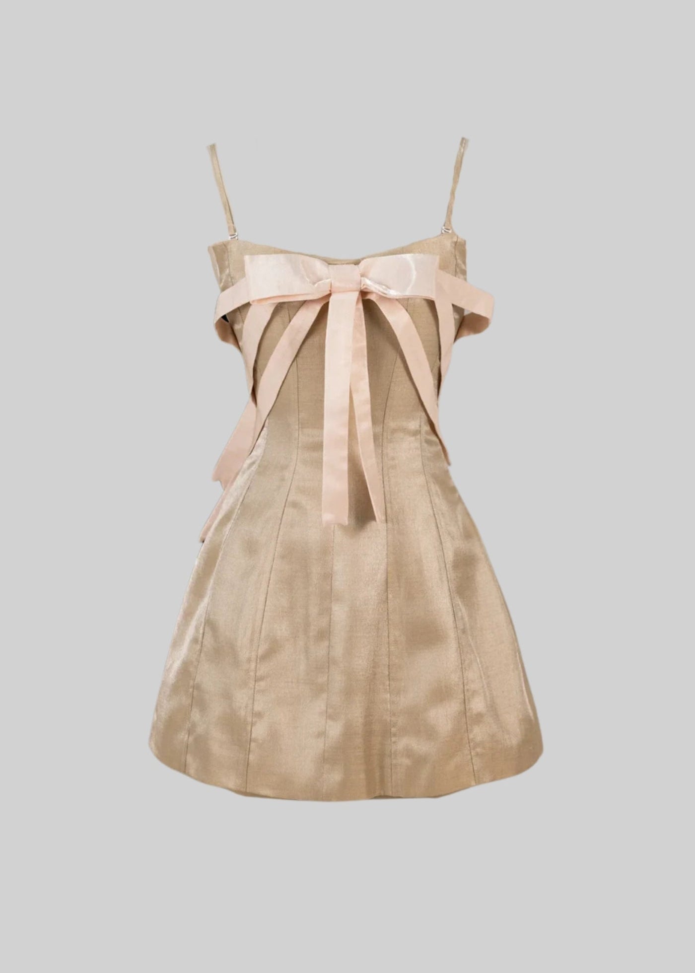 Shimmer Mini Dress With Decorative Front Bow  - Beige