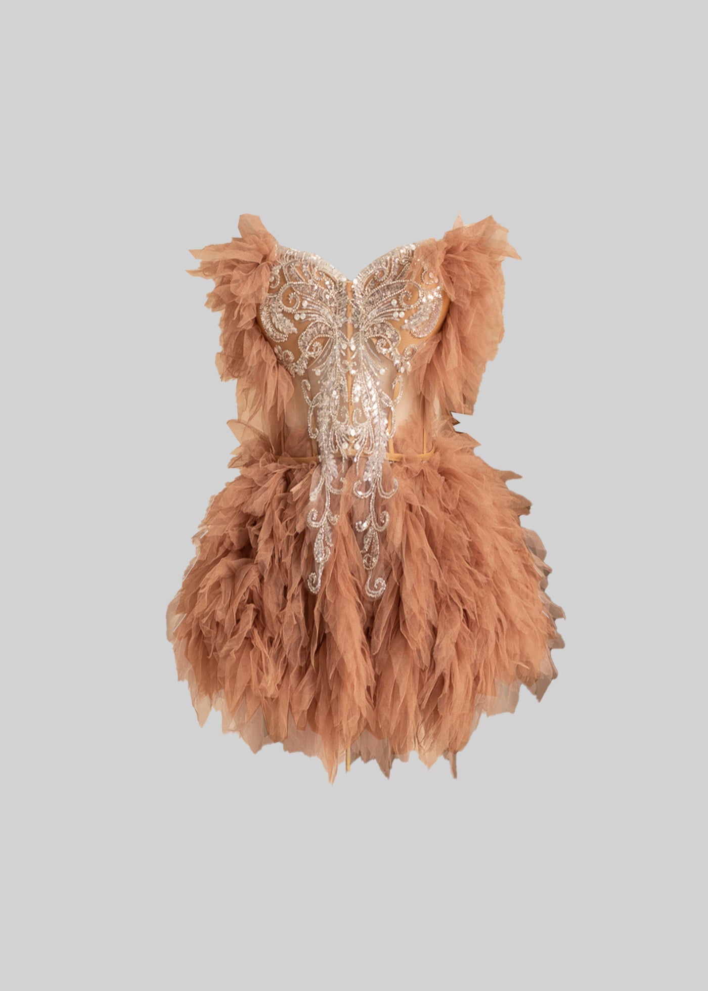 Elegant Feathered Co-Ord With Silver Sequin Motif - Beige