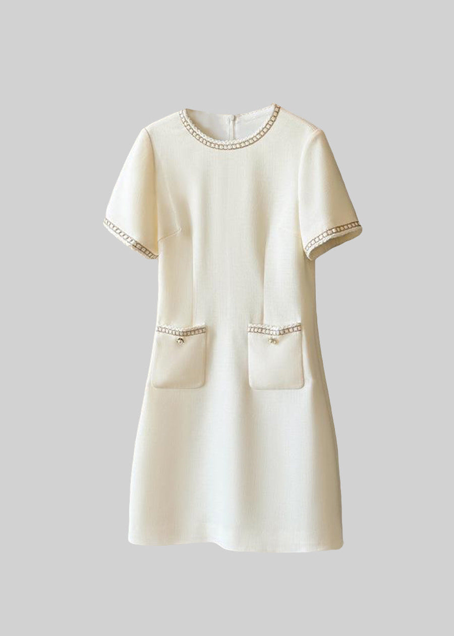Short Sleeve Mini Dress With Golden Details - Ivoire