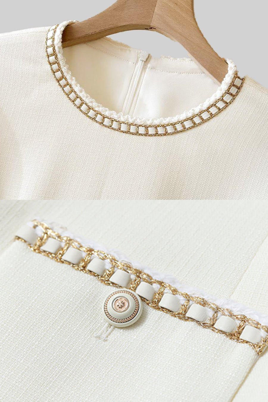 Short Sleeve Mini Dress With Golden Details - Ivoire