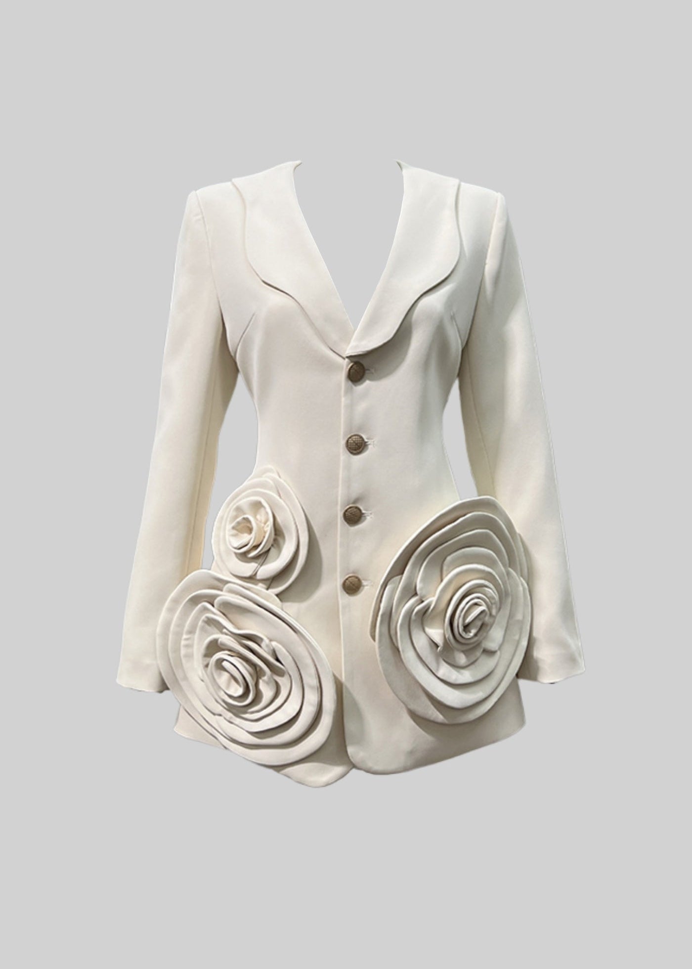 Blazer Dress With Deep V-Neckline And 3D Roses  - Beige