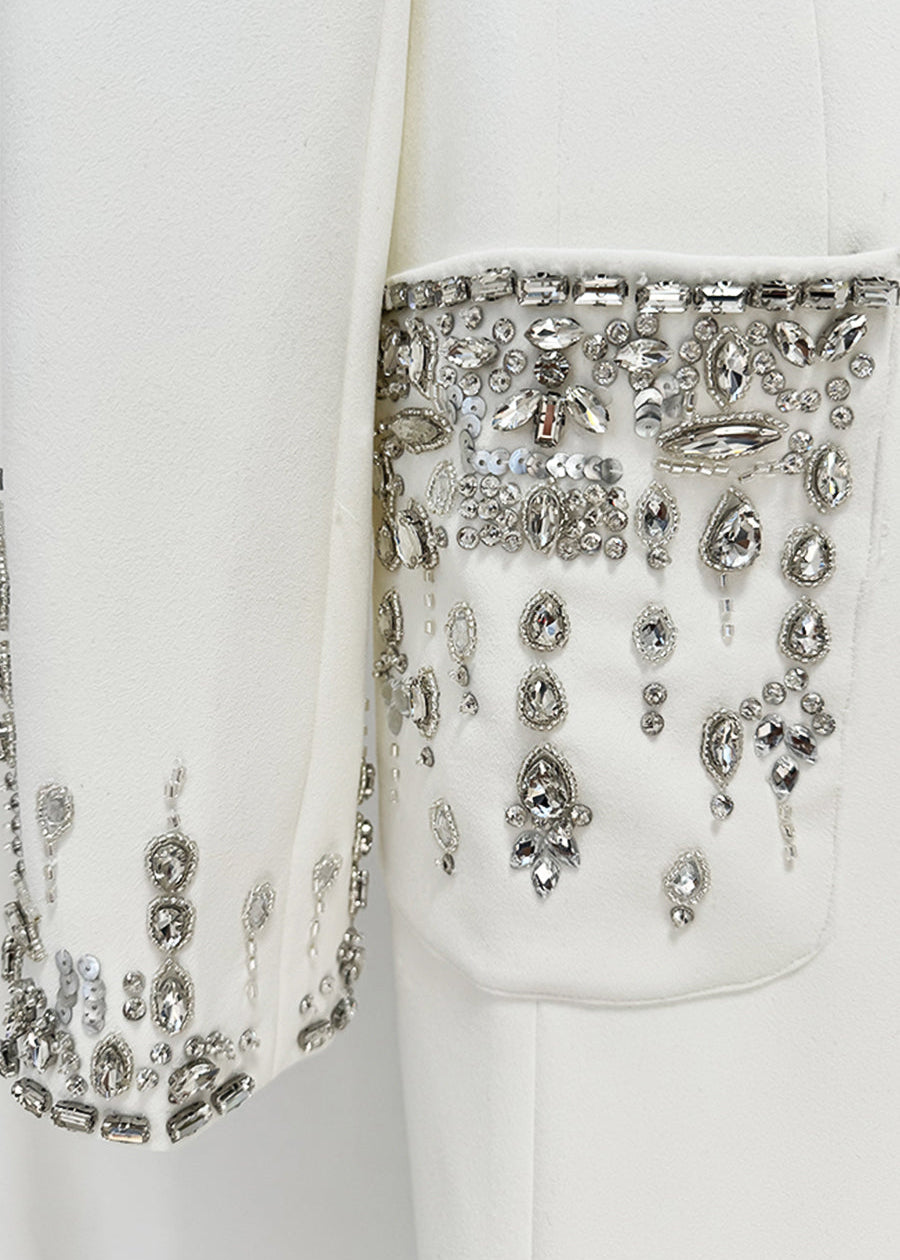 Long Silhouette Dress With Lapels And Crystal Detailing - White