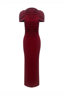 Arnaude High-Neck Ruched Maxi Dress With Cap Sleeves And Fitted Skirt - Red