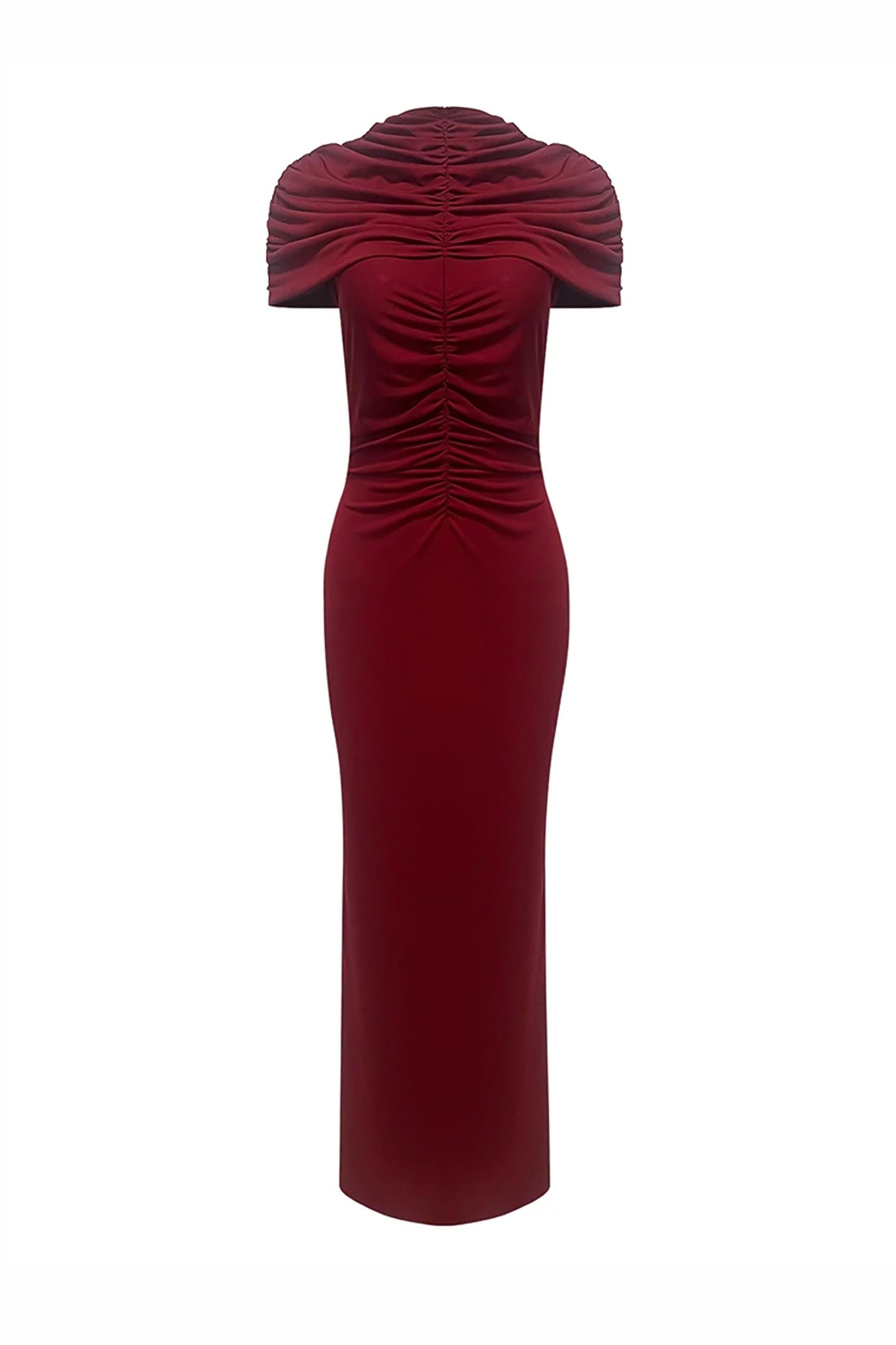 Arnaude High-Neck Ruched Maxi Dress With Cap Sleeves And Fitted Skirt - Red