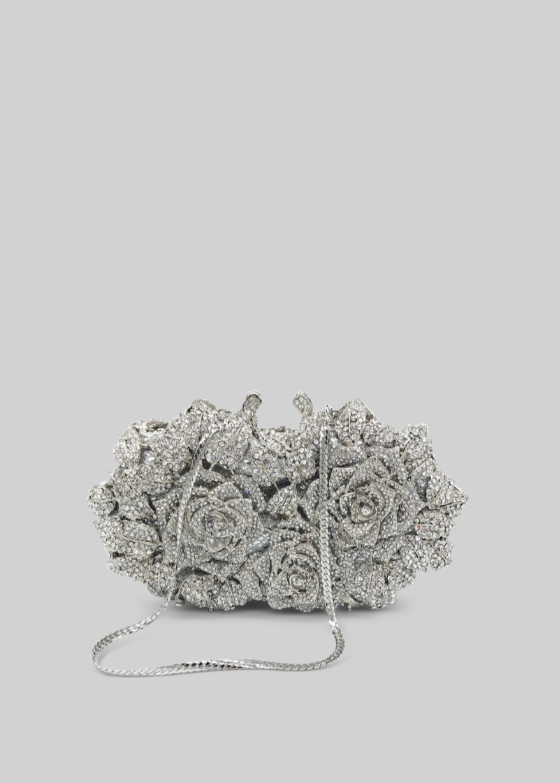 Crystal Adorned Clutch Bag With Floral Detailing - Silver
