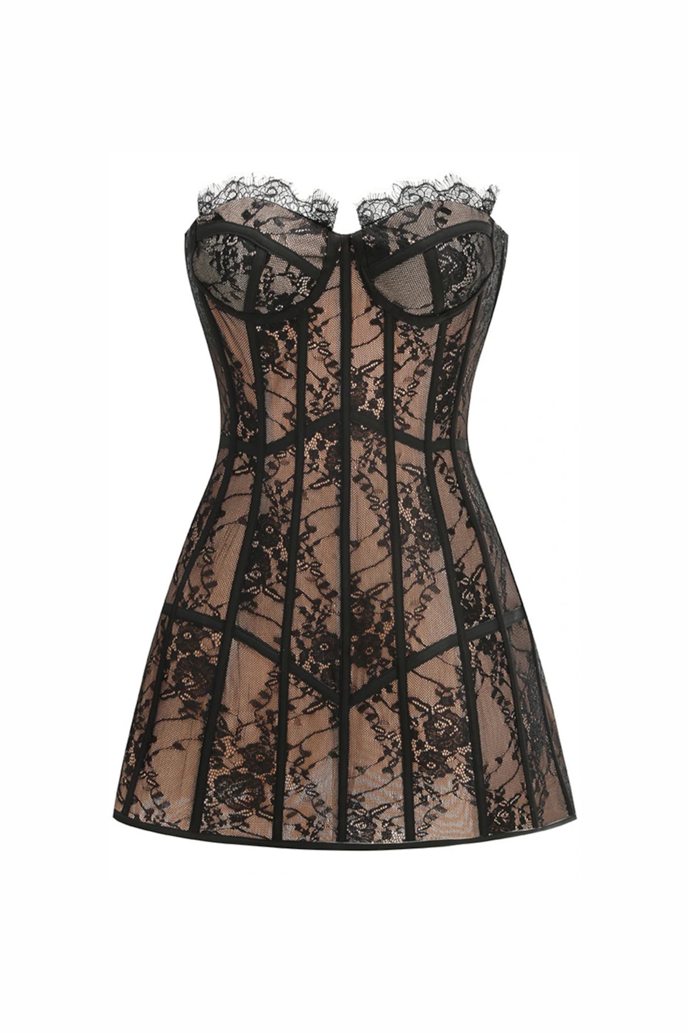 Margot Spaghetti-Strap Lace Corset Mini Dress With Nude Underlining - Black