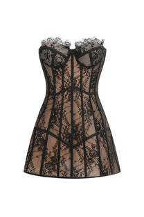 Margot Spaghetti-Strap Lace Corset Mini Dress With Nude Underlining - Black