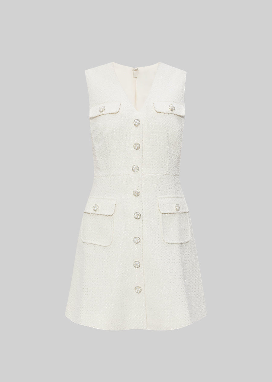 Textured Sleeveless Dress With Pearl Button Accents  - White